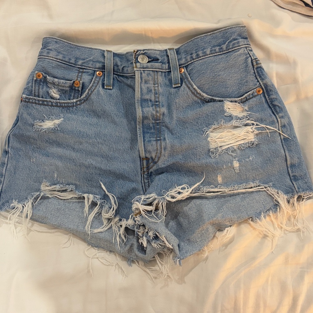 Levi's Light Blue Frayed Hem Jean Shorts